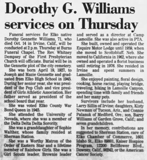Obituary for Dorothy Gennette Williams (Aged 71)